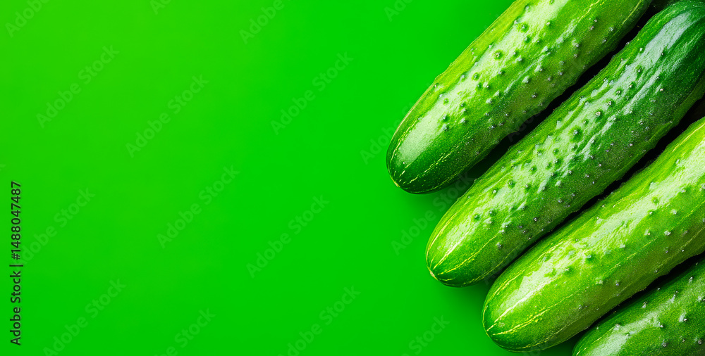 Poster cucumbers on green background. bright green cucumbers arranged neatly on a vivid green surface creat