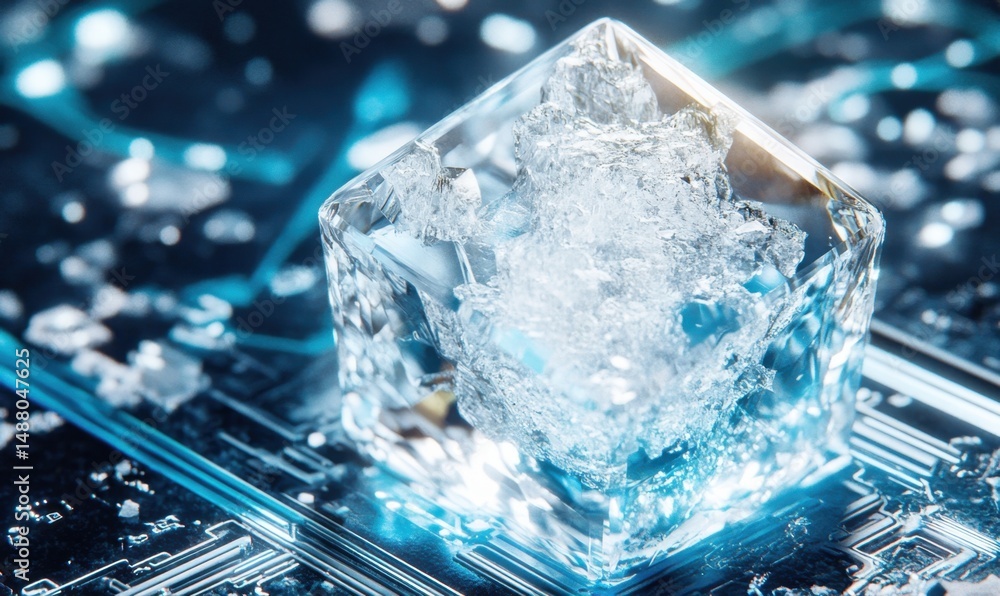 Poster frozen data cube on circuit board; digital cooling concept