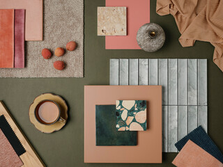 Fototapeta na wymiar A bold and colorful material arrangement featuring green and pink tones, natural stone, and rich fabric textures for a fresh and contemporary design.