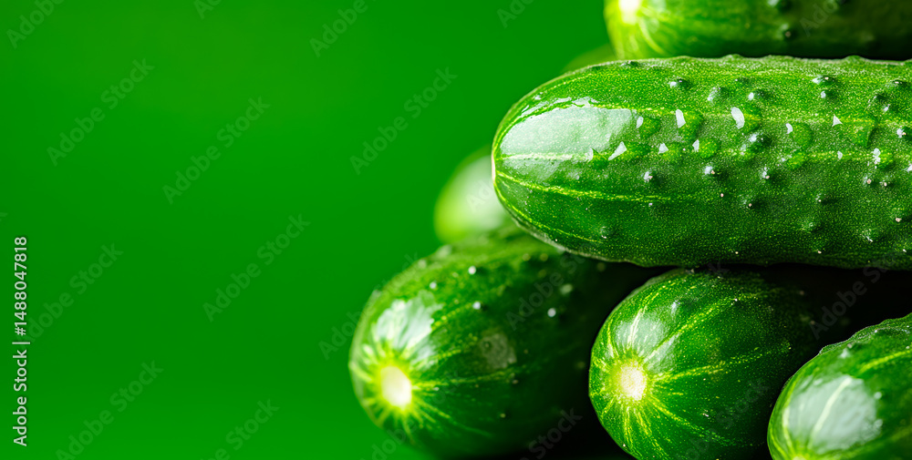Poster cucumbers on green backdrop. handful of fresh cucumbers with a striking green backdrop showcases the