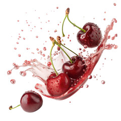Fresh ripe cherries and water splash create a vibrant burst isolated on transparent background