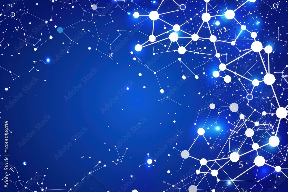 Poster abstract network of interconnected nodes and lines on a blue background, resembling a digital or sci