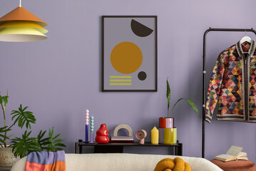 Modern and colorful interior of living room with design boucle sofa, mock up poster, shelf, plants, decorations and personal stuff. Home decor..