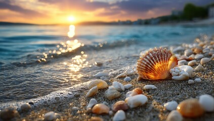 Seashell Sunset Serenity: A lone seashell rests on a sandy shore as the sun dips below the horizon, casting a warm golden glow across the tranquil waters.  The gentle waves lap at the shoreline.