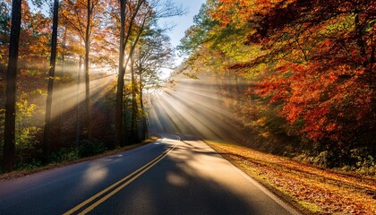 Fototapeta premium sunbeams on a country road on a fall morning in dahlonega georgia