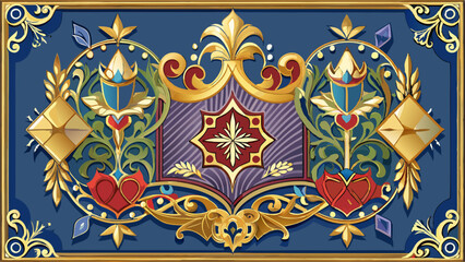 Ornate medieval border with intricate paper cutouts and gold accents, decorative borders