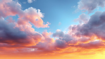 Fototapeta premium A breathtaking view of vibrant clouds illuminated by the warm colors of sunset, creating a beautiful atmospheric scene in the blue sky at golden hour.