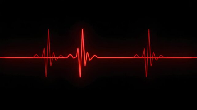 A vivid red electrocardiogram (ECG) heartbeat line animating smoothly on a black background, ideal for medical, health, and technology visual projects.