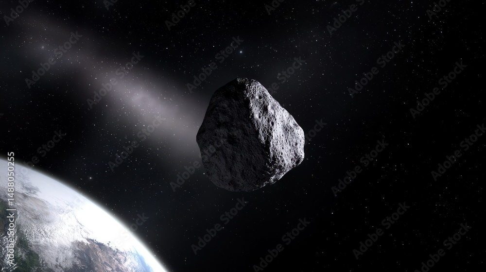 Poster asteroid passing close to earth in space with a distant galaxy in the background