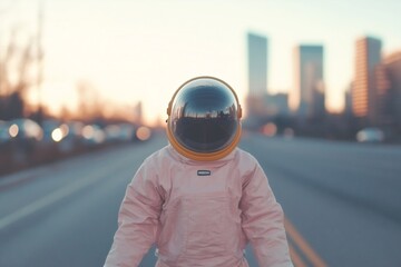 Astronaut in pink spacesuit walking on urban road at sunset. Futuristic cityscape with skyscrapers reflection in helmet. Creative surreal concept for space exploration and future