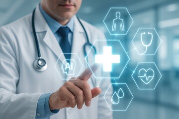 Healthcare Innovation: A medical professional uses a touch screen to explore a futuristic health care interface. symbolizing advancements in diagnostics, patient care and medical technology. 