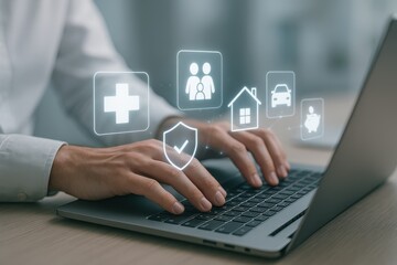 Securing a Brighter Future: A closeup of hands typing on a laptop with digital icons representing health, family, home, car, and security hovering above.