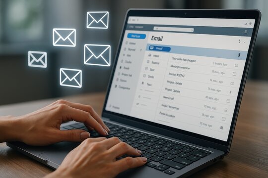 Digital Correspondence: A close-up shot of hands gracefully typing on a laptop keyboard, surrounded by floating email icons.
