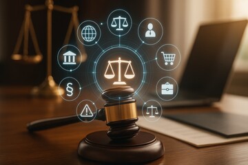 Legal Digital Convergence: The scales of justice, symbolizing the law's core, are intertwined with digital icons, representing the legal system's expanding online reach.