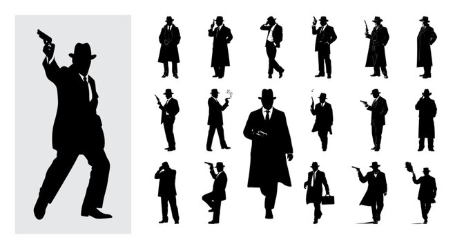 Classic mafia gangster silhouette vector set with vintage suits, hats, guns, smoking poses, and stylish crime character designs