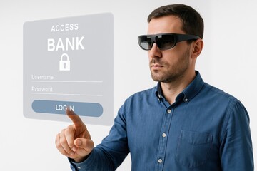 Virtual Banking with AR Glasses: A man wearing augmented reality glasses interacts with a digital banking interface, showcasing the future of secure financial transactions.