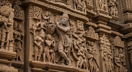Intricate Stone Carving: Krishna's Flute in Ancient Indian Temple Relief