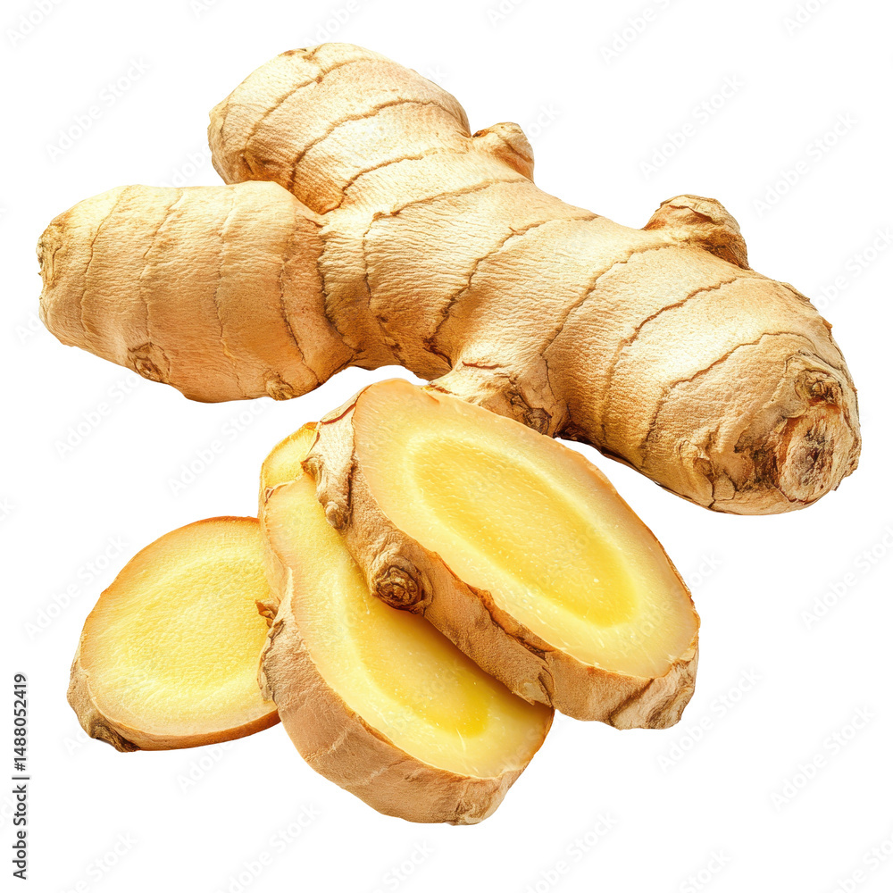 Poster fresh ginger root with slices isolated on a clean white background showcasing its vibrant color and 