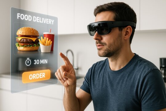 Future of Food Ordering: A young man wearing augmented reality glasses orders a meal through a virtual interface, showcasing a futuristic food delivery experience.   - Powered by Adobe