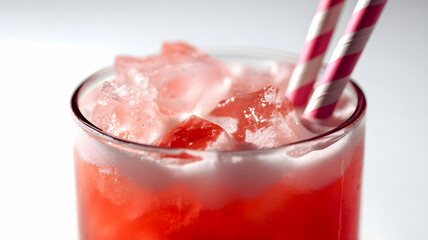 Close-up of Pink Drink with Ice and Striped Straws