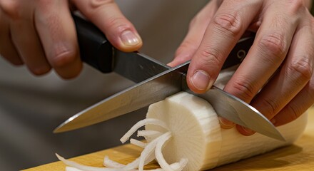 Chef skillfully slices daikon radish with precision knife technique on board