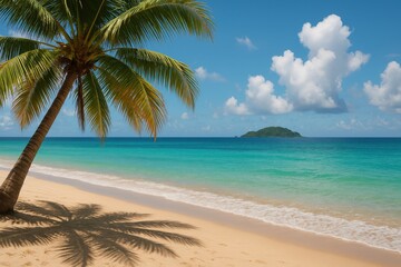 Fototapeta premium Tropical Paradise: A solitary palm tree sways gently in the breeze, casting a long shadow on a pristine sandy beach, overlooking a crystal-clear turquoise sea.