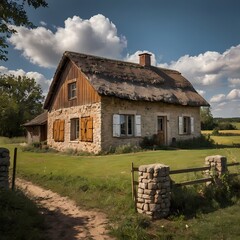 Fototapeta premium Sun-Drenched Stone & Stories: A Historic Farmhouse in Rural Serenity 