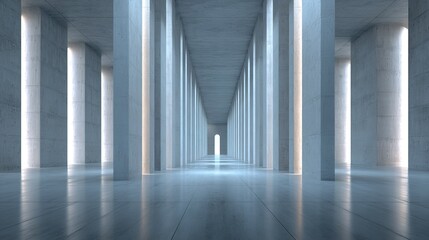 Modern concrete hall with towering columns and luminous windows, embodying architectural minimalism and serene grandeur.