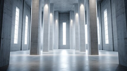Modern concrete hall with towering columns and luminous windows, embodying architectural minimalism and serene grandeur.
