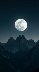 Luminous Full Moon Over Majestic Dark Peaks in Starry Night Sky.