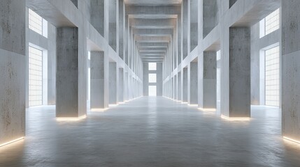 Modern concrete hall with towering columns and luminous windows, embodying architectural minimalism and serene grandeur.