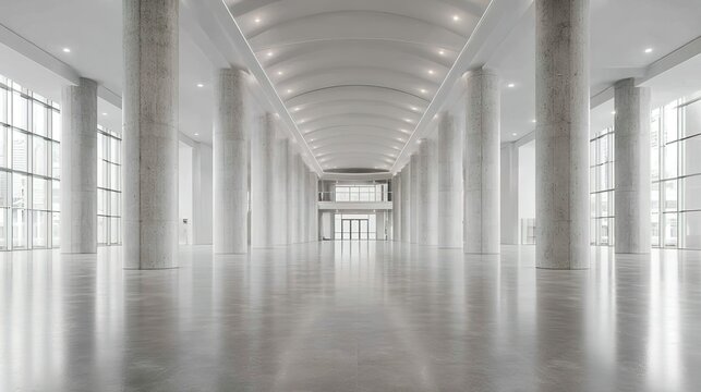 Modern concrete hall with towering columns and luminous windows, embodying architectural minimalism and serene grandeur.