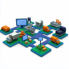 Value chain supply chain strategy. Logistics innovation. Manufacturing strategy. Clip art 3D. Digital logistics hub in the value chain model illustration.