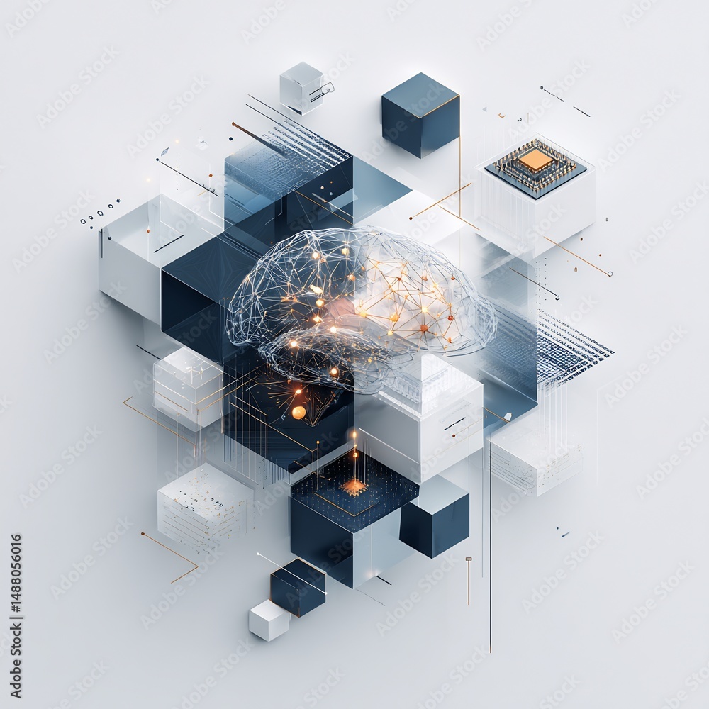 Poster abstract representation of the human brain and technological data flow