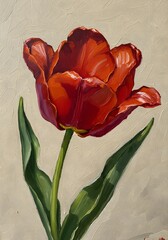 Bold Red Tulip Oil Painting on Neutral Canvas Background.