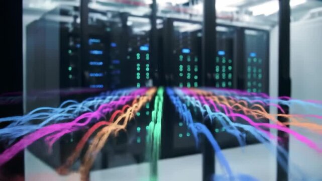 Discover the dynamic environment of a data center filled with blinking lights and lively network activity. The visual display illustrates the complexity of data management and processing.