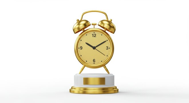 Golden alarm clock trophy on a pristine white pedestal conveying time management