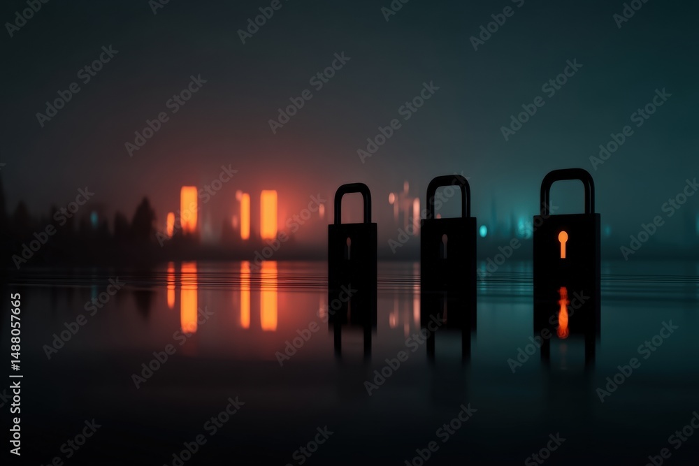 Poster three padlocks stand on a reflective surface with glowing city lights in the background, creating a 