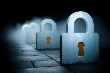 Large padlocks line a misty, dimly-lit path, symbolizing security and protection in a mysterious setting.