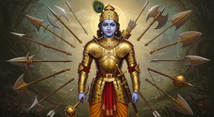 Fototapeta premium Lord Krishna in Golden Armor Surrounded by an Array of Weapons