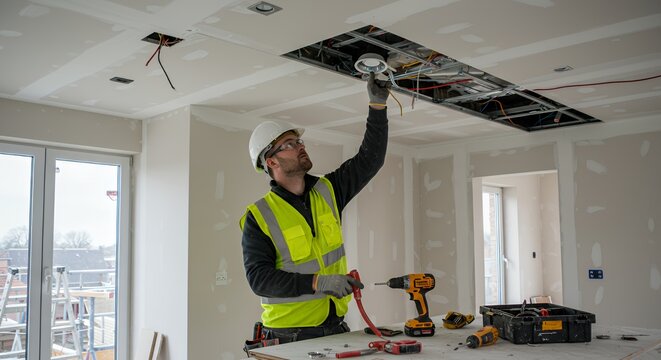 Electrician Installing Recessed Lighting in New Home Construction