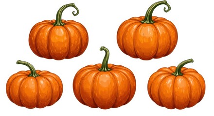 Five Pumpkins on White, Autumn Harvest Still Life