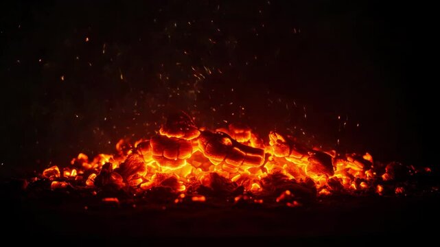 A close-up view of glowing hot charcoal embers radiating heat with sparks flying against a dark background. Perfect for fire, heat, and energy-related projects.