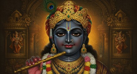 Fototapeta premium Radiant Krishna: A Divine Portrait in Rich Hues and Intricate Detail