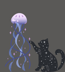 a cat playing with jellyfish