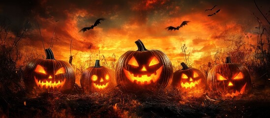 Fototapeta premium Halloween Pumpkins and Bats Against a Fiery Sunset