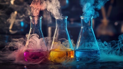A mysterious experiment with colorful chemical reactions in glass beakers.