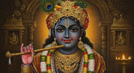 Obraz premium Lord Krishna: Divine Flute Player in Ornate Temple Setting