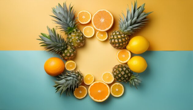 a circle arrangement of pineapple lemons and oranges showcases vibrant fruits hello summer background