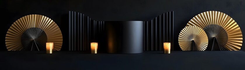 Stylish display of decorative objects in a dark setting.